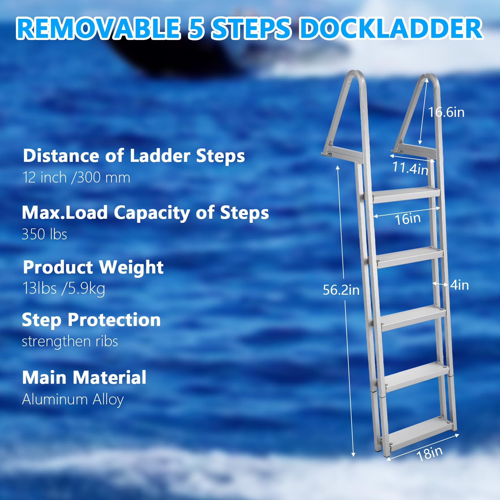GARVEE Removable Dock Ladder 3/4/5 Steps, Anti-Corrosion 6063 Aluminum, Widen Nonslip Pedals, 500lbs Capacity, Adjustable Height, Suitable for Lake/Pool/Boarding/RV