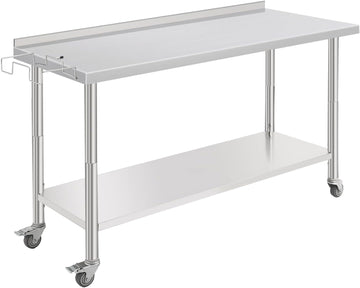 GARVEE 60" x 24" Commercial Work Table, 2-Tier Stainless Steel Workbench with Wheels & Backsplash, Metal Food Prep Table with Removable Trash Rack for Outdoor, Workshop, Home and Hotel