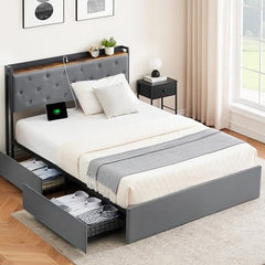 GARVEE Full Size Velvet Bed Frame with Storage Drawers, Charging Station, Wooden Slats, No Box Spring Needed, Ideal for Bedrooms