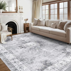 GARVEE Vintage Area Rug 8x10 Large Living Room Area Rug Machine Washable Bedroom Rug Soft Distressed Dining Room Rug Low Pile Non Slip Throw Floor Carpet Medallion Rug for Home Office, Grey