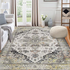 GARVEE Washable Area Rug Vintage Distressed Living Room Rug Non-Slip Stain Resistant Traditional Medallion Accent Rug Indoor Floor Carpet for Bedroom Entryway Laundry Room, 3' x 5', Grey