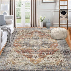 GARVEE 9x12 Area Rug Vintage Distressed Machine Washable Area Rug for Living Room Bedroom Traditional Medallion Non-Slip Stain Resistant Accent Rug Carpet for Home Decor Floor Decoration, Taupe