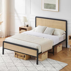 GARVEE Full Size Metal Bed Frame with Rattan Headboard and Footboard, Platform Bed Frame with Safe Rounded Corners, Under Bed Storage, Strong Metal Slat Support, No Box Spring Needed