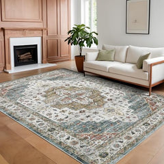 GARVEE Area Rugs 10x13 Large Machine Washable Oriental Carpet for Living Room, Non-Slip Vintage Floor Carpet, Stain-Resistant Soft Low Pile Distressed Accent Rugs for Bedroom, Camel Green