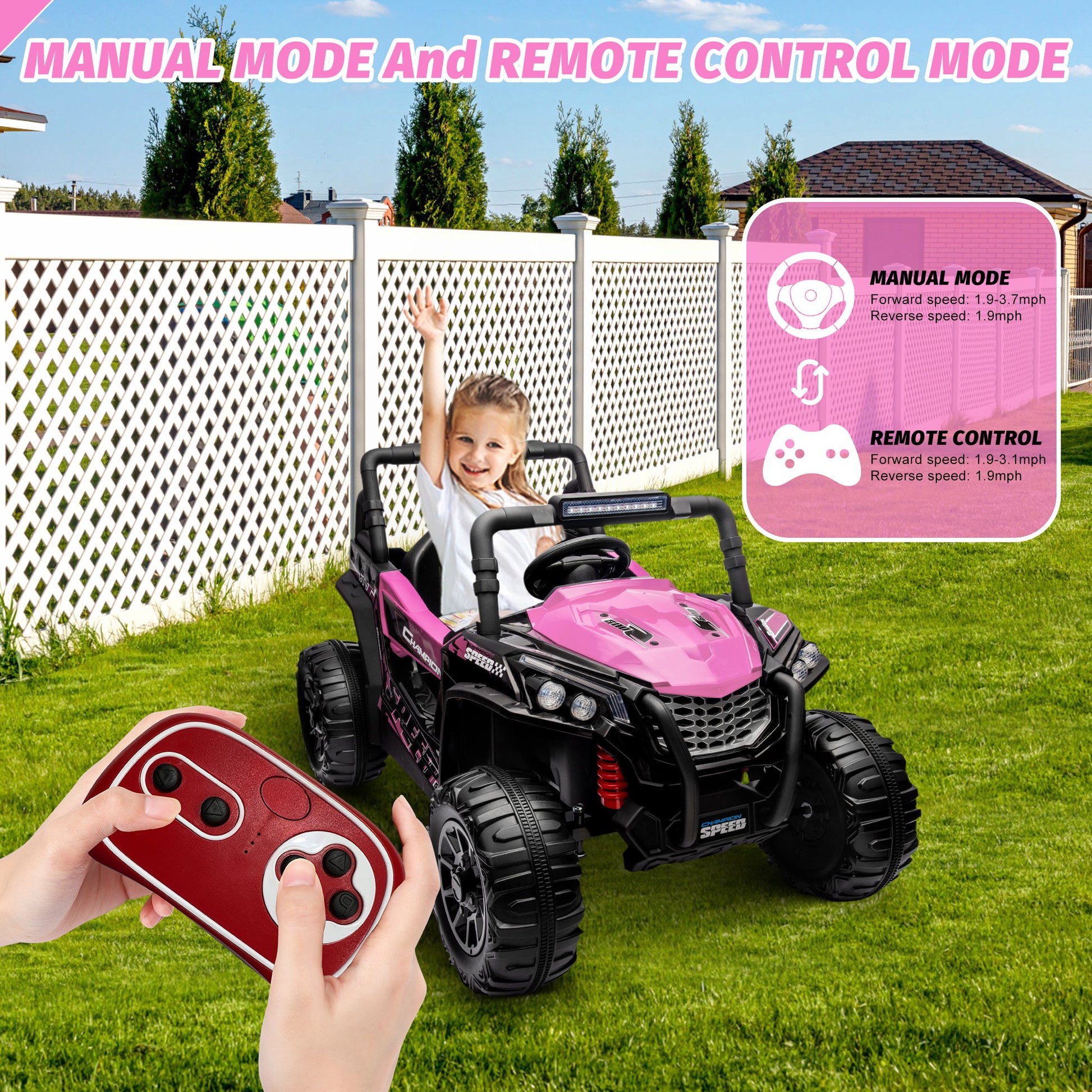 GARVEE Ride On Car for Kids, 12V Toy Electric Truck Utv with Large Wide Seat and Remote Control, Led Lights, Wireless Connection, Music, 2 Spring Suspension for 3-8 Boys & Girls