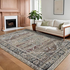 GARVEE Area Rug 8x10 Washable Rug Dark Brown Vintage Large Rug Traditional Floor Cover Thin Rug Retro Kitchen Indoor Distressed Non Slip Carpet Floral Print Mat Living Room Bedroom Dining Room