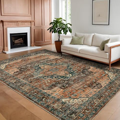 GARVEE Area Rugs 10x13 Large Machine Washable Oriental Carpet for Living Room, Non-Slip Vintage Floor Carpet, Stain-Resistant Soft Low Pile Distressed Accent Rugs for Bedroom, Brown