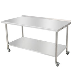 GARVEE Stainless Steel Prep Table, 60 x 24 x 35 Inch, 2-Tier Commericial Heavy Duty Workbench with Caster Wheels, Kitchen Work Table with Hooks and Backsplash for Garage, Workshop