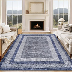 GARVEE 9x12 Large Modern Blue Area Rug Distressed Bordered Rug Soft Non Shedding Floor Carpet, Geometric Rug, Washable Non Slip Rug, Low Pile Indoor Area Rug for Living Room, Bedroom