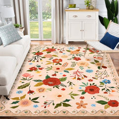 GARVEE Beige Floral Area Rug for Living Room, 9x12 Machine Washable Large Rugs, 9x12 Non Slip Vintage Low Pile Soft Carpet for Home Bedroom Dining Room Farmhouse