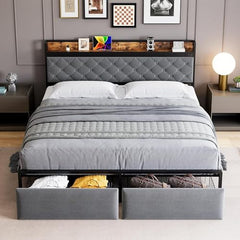 GARVEE King Bed Frame with RGB LED Lights + 2 Drawers + Metal Slats + USB Ports & Outlets + Grey Upholstered Headboard + No Box Spring Needed + Bedroom