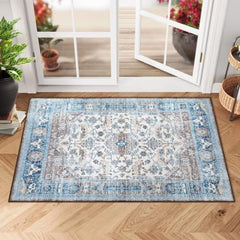 GARVEE Small Area Rug 2x3 Vintage Entryway Rug Indoor Print Distressed Carpet Non Slip Washable Rug Foldable Accent Rug Lightweight Kitchen Bathroom Living Room, Boho Beige/Blue, 2’x3’