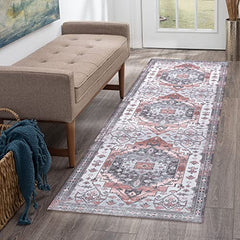 Garvee Runner Rug Traditional Medallion Area Rug 2' x 8' Persian Soft Entryway Rug Washable Non-Slip Distressed Bedroom Mat Indoor Entrance Carpet for Living Room Kitchen Bath Office, Peach