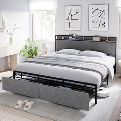 GARVEE Full Size Bed Frame with 2 Storage Drawers and Headboard, Upholstered Bed Frame Full Size with Charging Station, No Box Spring Needed, Sturdy, Noiseless, Easy Assembly - Grey