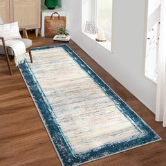 GlowSol Hallway Rug 2x10 Machine Washable Runner Rug Modern Bordered Area Rugs Non Shedding Indoor Floor Cover Carpet Rug Low Pile Foldable Accent Rug for Kitchen Entryway, 2'x10', Blue