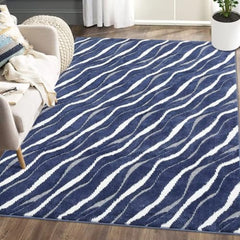 GlowSol Large Area Rug 12x18 Bohemian Modern Contemporary Solid Easy-Cleaning Area Rug Non Shedding Indoor Throw Carpet for Bedroom Living Room, Navy/White