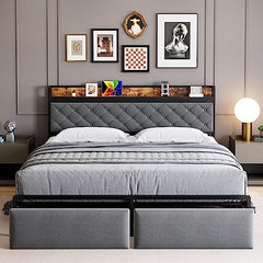 GARVEE Queen Bed Frame with RGB LED Lights Headboard & 2 Storage Drawers, Storage Headboard, Upholstered Platform Bed with USB Ports & Outlets, Noise Free, No Box Spring Needed, Grey