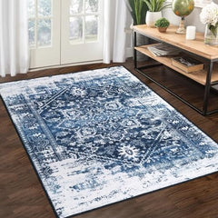 Garvee Area Rug 5x7 Vintag Rug Machine Washable Area Rug Non Slip Non Shedding Distressed Throw Rug Low Pile Indoor Carpet Foldable Accent Rug for Bedroom Living Room, Navy