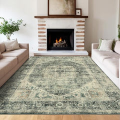 GARVEE Vintage Area Rug, 4x6 Stain Resistant Carpet Non Shedding Non-Slip Soft Rug Bedroom Dining Room Home Office, Low Pile Farmhouse Oriental Indoor Floor Rug Brown Green