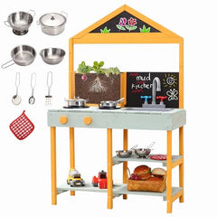 GARVEE Mud Kitchen,Wood Outdoor Play Kitchen Set for Toddlers, Transparent Root Viewer Planter with Realistic Faucet & Sink, Stoves, Chalkboard, Storage Shelf for Boys Girls 3+