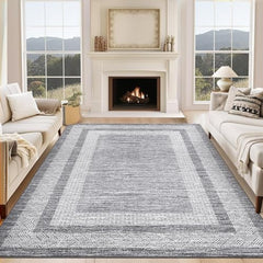 GARVEE 9x12 Large Modern Gray Area Rug Distressed Bordered Rug Soft Non Shedding Floor Carpet, Geometric Rug, Washable Non Slip Rug, Low Pile Indoor Area Rug for Living Room, Bedroom