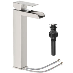 Homfan Bathroom Faucet Brushed Nickel Modern Waterfall Bathroom Sink Faucet Vanity Faucet with Short Handle Pull, with Pop Up Drain Stopper & Water Supply Hoses