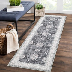 Garvee Runner Rug 2x6 Feet Washable Vintage Medallion Floral Hallway Runner, Non-Slip Stain Resistant Area Rug Traditional Distressed Kitchen Mat Entryway Carpet Runner for Bedside, Black/Grey