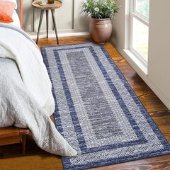 GARVEE 2x6 Modern Bordered Runner Rug Soft Non Slip Runner Washable Non Shedding Floor Carpet, Distressed Geometric Hallway Runner, Indoor Printed Runner for Kitchen, Entrance, Blue