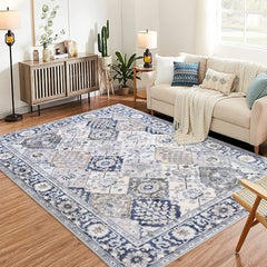 GARVEE Trellis Area Rug 5x7 Washable Vintage Floral Print Rugs, Boho Non Slip Indoor Carpet for Entryway Living Room Kitchen Bedroom Laundry Room, Beige Blue