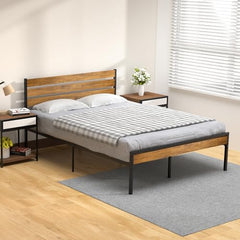 GARVEE Platform Queen Bed Frame with Rustic Wood Headboard, Metal Slats Support, 9 Legs, Storage, Noise-Free, Easy Assembly, Industrial Style