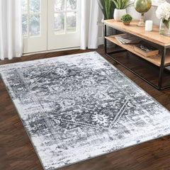 Garvee Washable Rug 9x12 Vintage Distressed Rug Non Slip Non Shedding Area Rug Machine Washable Indoor Carpet Foldable Accent Rug Low Pile Rug for Bedroom Living Room, Grey