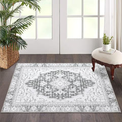 GARVEE Washable Vintage Floral Area Rug 2x3- Non-Slip Print, Non-Shedding, Soft Foldable Carpets for Dining Room, Bedroom, Living Room, Kitchen Entryway, Grey