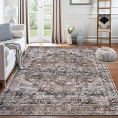 GARVEE 9x12 Area Rug Vintage Distresse Machine Washable Area Rug for Living Room Bedroom Traditional Medallion Floral Non-Slip Stain Resistant Accent Rug Carpet for Home Decor, Brown