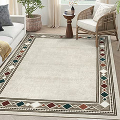 GARVEE Vintage Rug 8x10 Washable Area Rug Gem Bordered Print Floor Cover for Living Room Large Carpet 8x10 Area Rug Retro Aesthetic Indoor Floor Mat Non-Shedding Anti-Slip Thin Rug, Cream