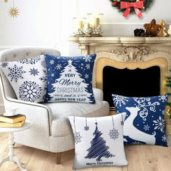 GARVEE Christmas Pillow Covers 18x18 Set of 4 Blue Christmas Decorative Throw Pillow Covers with Snowflake Santa Trees Christmas Farmhouse Decor for Couch Bed, Blue