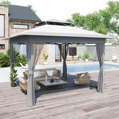 GARVEE Petyee Pop Up Gazebo Patio Gazebo 11x11 Outdoor Gazebo with Mosquito Netting Outdoor Canopy Shelter with Double Roof Ventiation 121 Square Feet of Shade for Lawn, Garden, Backyard and Deck, Gray