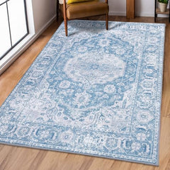 GARVEE Vintage Distressed Teal Area Rug - Machine Washable, Non-Slip, Low Pile Polyester - Ideal for Living Room, Bedroom, High Traffic Areas