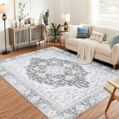 GARVEE Washable Vintage Floral Area Rug 4x6- Non-Slip Print, Non-Shedding, Soft Foldable Carpets for Dining Room, Bedroom, Living Room, Kitchen Entryway, Grey