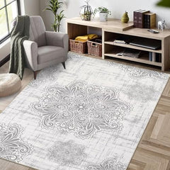 GARVEE Vintage Rug 4x6 Machine Washable Area Rug Non Slip Rug Soft Medallion Distressed Rug Low Pile Ultra-Thin Carpet Rug for Office Nursery, Grey/Beige