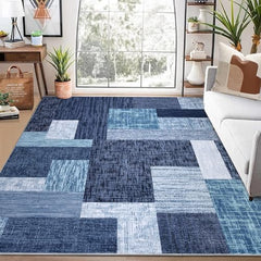 GARVEE 9x12 Area Rug Modern Geometric Machine Washable Area Rug for Living Room Bedroom Contemporary Patchwork Non-Slip Stain Resistant Accent Rug Carpet for Home Floor Decoration, Blue