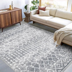 GARVEE Large 8x10 Area Rug for Living Room - Colourful Printed, Washable, Non-Slip, Low Pile, Boho Design, Polyester, Grey and Ivory, Modern Farmhouse