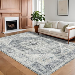 GARVEE Machine Washable 9x12 Area Rugs for Living Room Indoor Rugs Non Slip Low Pile Water Resistant Soft Print Pattern Carpet for Bedroom Indoor Decor Polyester Rug Grey