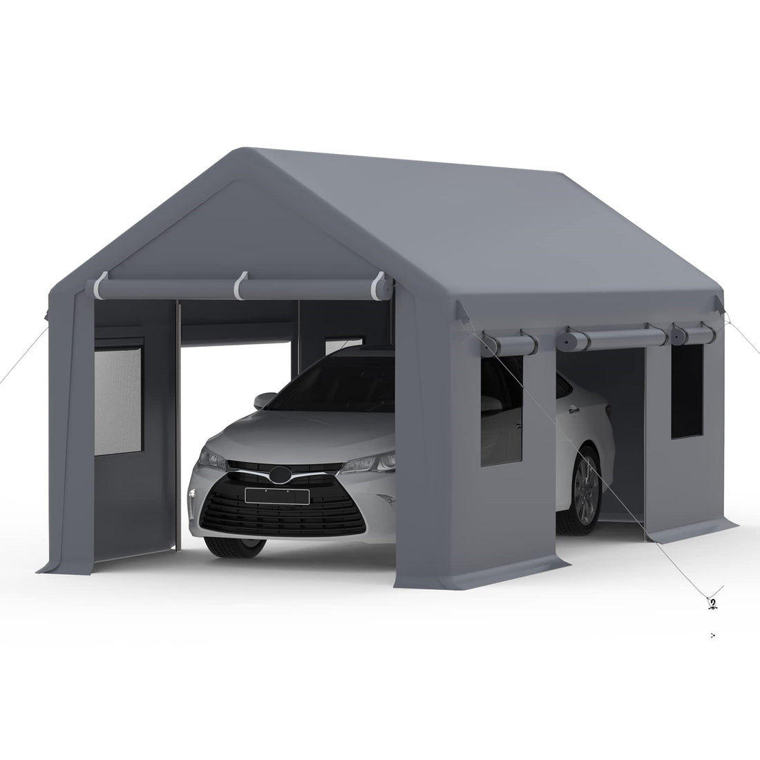 GARVEE 13'x20'Carport, Heavy Duty Portable Garage, with 4 Roll-up Doors & 4 Ventilated Windows, Reinforced Steel Poles & 180 g PE Waterproof Canopy, for Pickup Truck, and Boat, Silver Gray