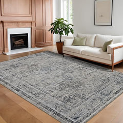 GARVEE Area Rug 8x10 Washable Rug Blue Vintage Large Rug Traditional Floor Cover Thin Rug Retro Kitchen Indoor Distressed Non Slip Carpet Floral Print Mat Living Room Bedroom Dining Room