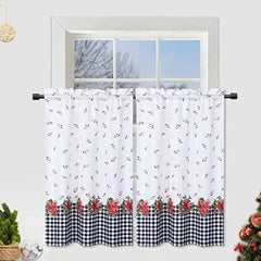 GARVEE Christmas Kitchen Tiers, 2 Panels Canvas Christmas Flower Pattern Cafe Curtains Rod Pocket Short Curtains Xmas Decorative Half Window Curtains for Bedroom Bathroom, 27 x 36 inches, White