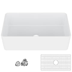 GARVEE 33 Inch Fireclay Farmhouse Sink, Deep Single Bowl, Durable Ceramic Porcelain, Bottom Grid & Strainer, Kitchen