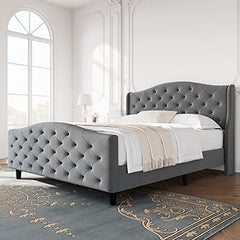 GARVEE Tufted Upholstered Platform Bed Frame with Headboard and Footboard, Raised Wing Back Headboard, Mattress Foundation and Wood Slat Support, No Box Spring Needed(Queen, Grey)