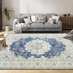 GARVEE Vintage Area Rugs, Boho Traditional Washable Rug Floral Print Carpet, Low Pile Non-Slip Rubber Backing Foldable Mat for Bedroom Dining Room Office Living Room, Blue, 3x5