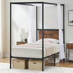 GARVEE Twin Size Canopy Bed Frame with Headboard, Four-Poster Platform Metal Bed Frame with Storage, Mattress Foundation with Wooden Slats Support, No Box Spring Needed, Easy Assembly, Black and Brown