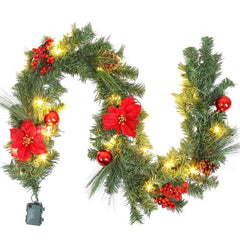 GARVEE 6ft Christmas Garland with Lights, Battery Operated Garland Christmas Decoration with Red Poinsettia Pinecones Ball Ornaments, Christmas Mantle Decorations Staircase Fireplace Decor